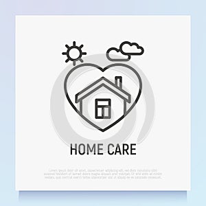 Home care symbol: house in heart thin line icon. Symbol of safety, protection, insurance. Modern vector illustration