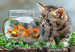 Home cat and gold fish. A kitten looking at goldfish in a fish bowl against a white background