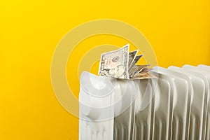 Home central heating system.Euro and dollars money banknotes on heating radiator battery