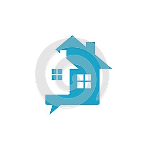home and chat bubble for realty consulting property management logo design vector illustrations
