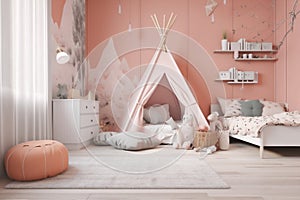 home child room wall house design scandinavian furniture interior pink bed. Generative AI.