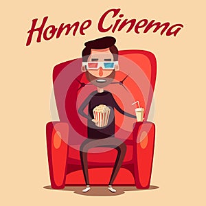 Home cinema. Movie watching. Cartoon vector illustration