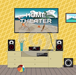 Home cinema system in interior room. Home theater flat vector