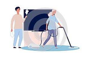 Home cleaning. Couple doing housework. Woman and man clean house together vector illustration