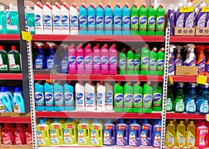 Home cleaning products shelf in a supermarket