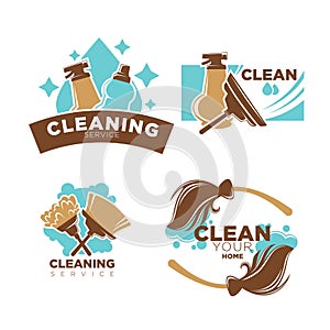 Home cleaning service vector icons set brooms, duster brush and detergent
