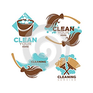 Home cleaning service vector icons set of brooms and duster brushes