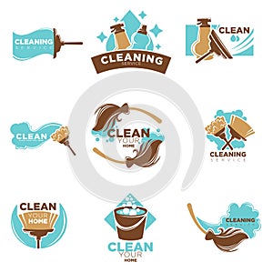Home cleaning service of washing or mopping vector icons templates set
