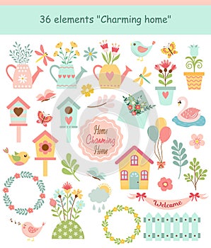 Home clipart, set of design elements, garden icon set.