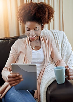 Home, coffee and black woman with tablet, relax or connection with lens flare, internet or digital app. African person