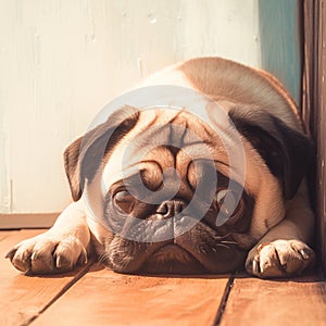 Home comfort Cute pug dog lounging on a wooden floor