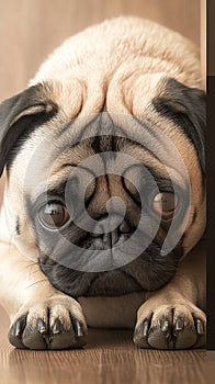 Home comfort Cute pug dog lounging on a wooden floor