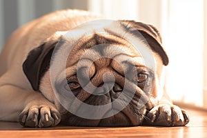 Home comfort Cute pug dog lounging on a wooden floor