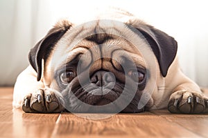 Home comfort Cute pug dog lounging on a wooden floor