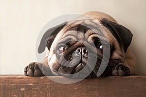 Home comfort Cute pug dog lounging on a wooden floor