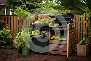 home compost system with recycling bins nearby