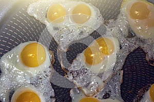 Home cooking. Fried quail eggs in frying pan