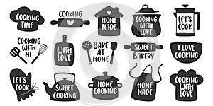 Home cooking, homemade, sweet bakery, with love kitchen logo symbols black-and-white isolated set