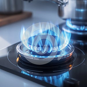 Home cooking scene Gas burner with blue flame in focus