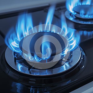 Home cooking scene Gas burner with blue flame in focus