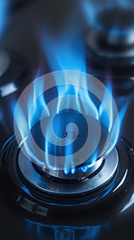 Home cooking scene Gas burner with blue flame in focus