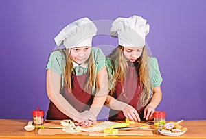 Home cooking to your soul. Little girls preparing home cooked food. Small children baking at home. Adorable cooks