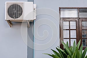 Home Cooling Air Condition Unit and Control System, Air Condenser Engine Station Outside Building of HVAC Systems. Electrical