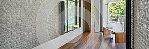 Home corridor with mirror wall, panorama