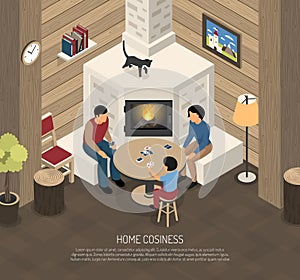 Home cosiness composition with family during playing cards near fire place isometric vector illustration