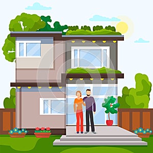 Home couple, vector illustration. Estate property house exterior, sale residential building woman man cartoon character.