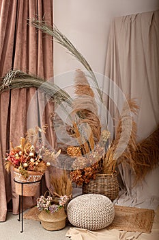 Home cozy interior of room in brown tones with dried flowers, pampas grass and branches in basket. Scandinavian design. Rustic. Bo