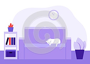 Home cozy room, interior. Rest corner. Bed and bedside table with plants and books. Sleeping cat on couch. Vector flat