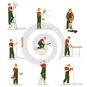 Home craftsmen and repairmen. Professional construction workers with tools set. Male characters in uniform overalls and