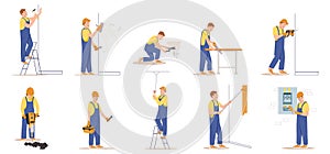 Home craftsmen and repairmen. Professional construction workers with tools set. Male characters in uniform overalls and