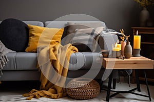 home cushion light grey house modern sofa decor pillow yellow interior. Generative AI.