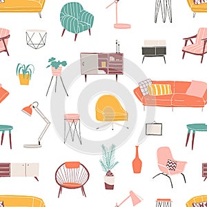 Home decor and accessories hand drawn seamless pattern. Colored furniture pieces backdrop. Stylish home furnishing photo