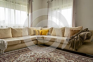 Home decor. Cozy stylish living room interior of modern apartment and trendy furniture.