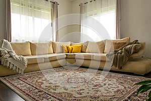 Home decor. Cozy stylish living room interior of modern apartment and trendy furniture.