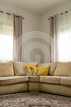 Home decor. Cozy stylish living room interior of modern apartment and trendy furniture.