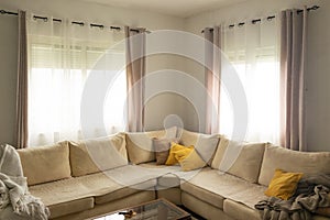 Home decor. Cozy stylish living room interior of modern apartment and trendy furniture.