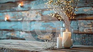 home decor, dried flowers and candles in a vase on a wooden table create a cozy, relaxed atmosphere in the room