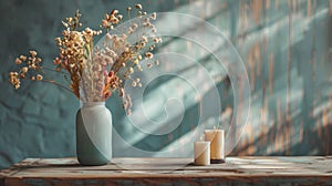 home decor, dried flowers and candles in a vase on a wooden table create a warm, cozy atmosphere at home, enhancing the