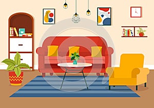 Home Decor Vector Illustration with Living Room Interior and Furniture such as Comfortable Sofa, Window, Chair, House Plants