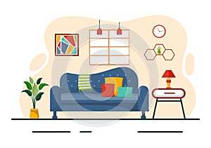 Home Decor Vector Illustration with Living Room Interior and Furniture such as Comfortable Sofa, Window, Chair, House Plants