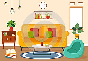 Home Decor Vector Illustration with Living Room Interior and Furniture such as Comfortable Sofa, Window, Chair, House Plants
