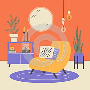 Home decor vector illustration, scandinavian or japandi style of living room interior