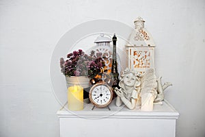 Home decoration accessories Eiffel statue, Fairy statue, white lantern, alarm clock and artificial plant