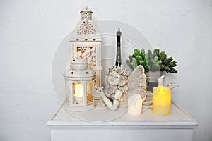 Home decoration accessories Eiffel statue, Fairy statue, white lantern, alarm clock and artificial plant