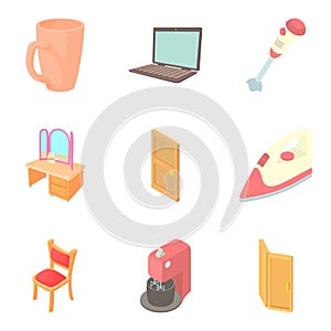 Home decoration icons set, cartoon style