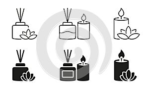 Home Decoration Silhouette and Line Icons Set. SPA Aroma Candles Pictogram. Perfume Stick And Scented Candles Black